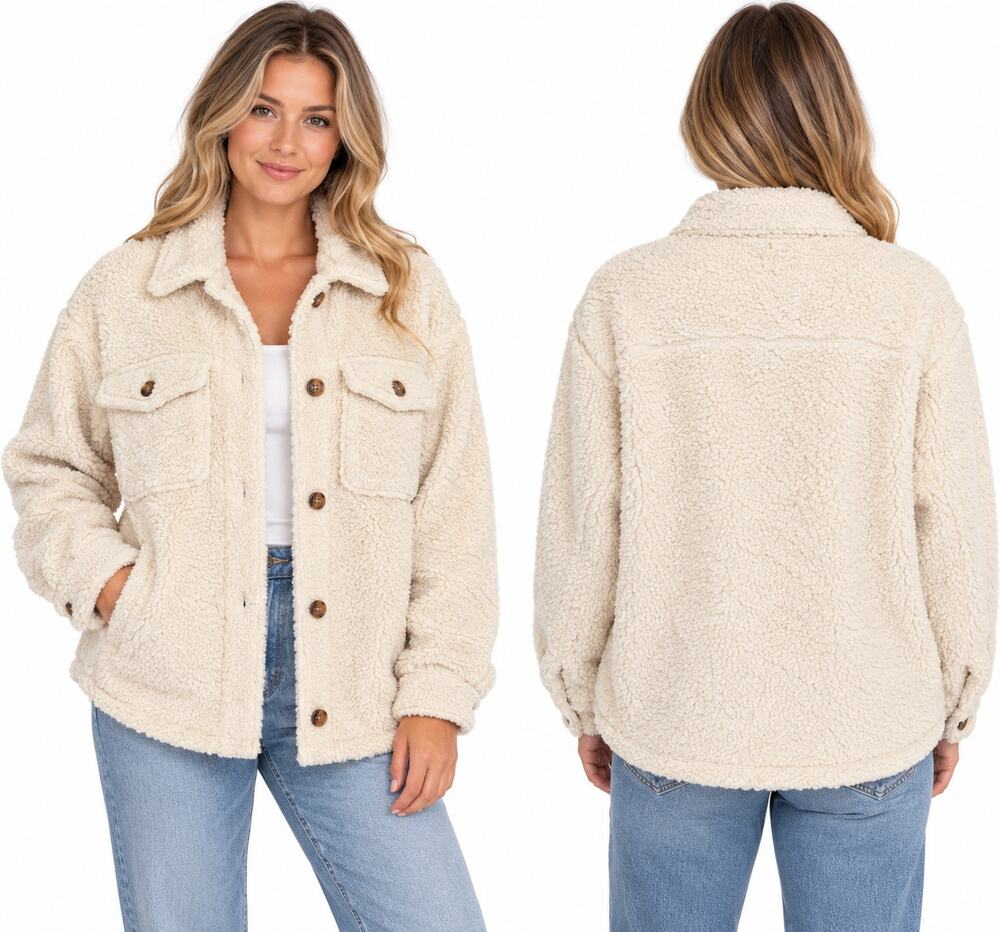 Aerie Dream Sherpa Shacket Jacket Women L Ivory Cream Teddy Fleece Button Up
